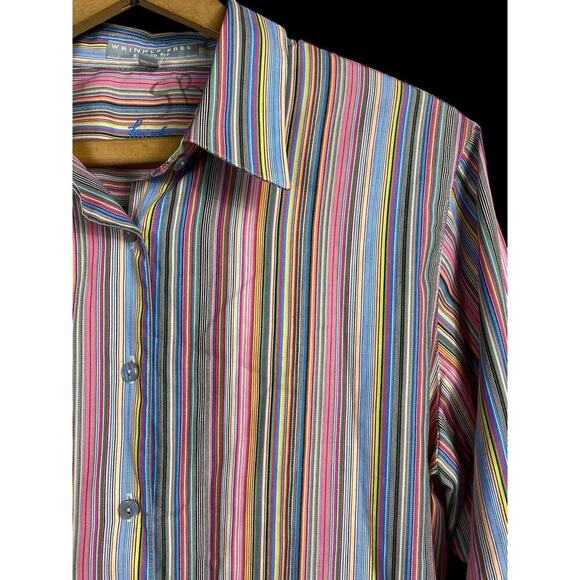 Foxcroft Shirt Top Size 12 Button Up Rainbow Stripe Blouse Wrinkle Free Shaped - Picture 7 of 9